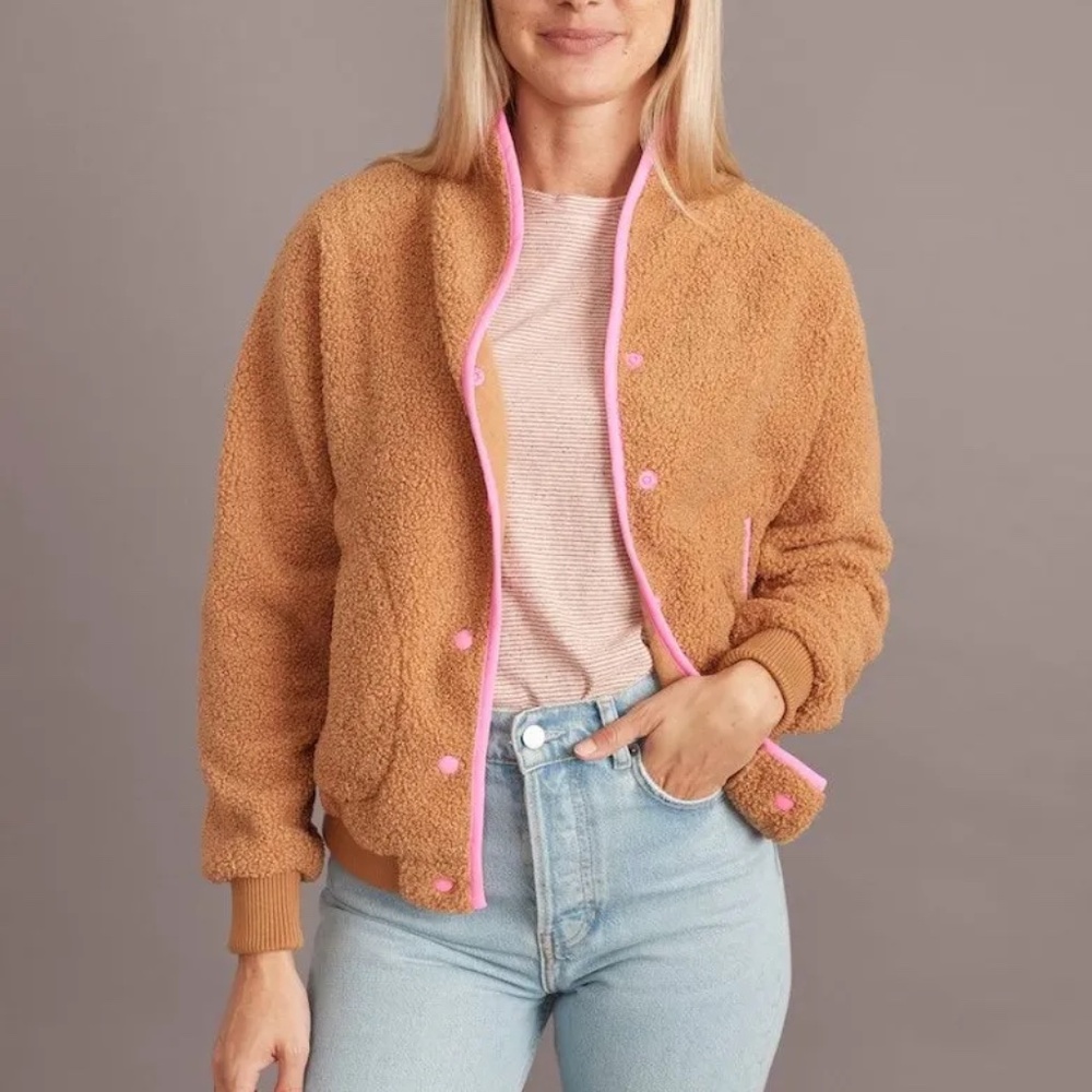 Marine Layer Sierra Sherpa Snap Bomber Jacket in Camel/Pink Size XS Cozy!